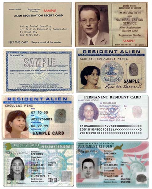 USCIS 官方历史档案拼图,按从左上起的顺序展示1940登记回执、1946与1964年 I-151,以及1977、1989、1997、2010与2017年的 I-551。